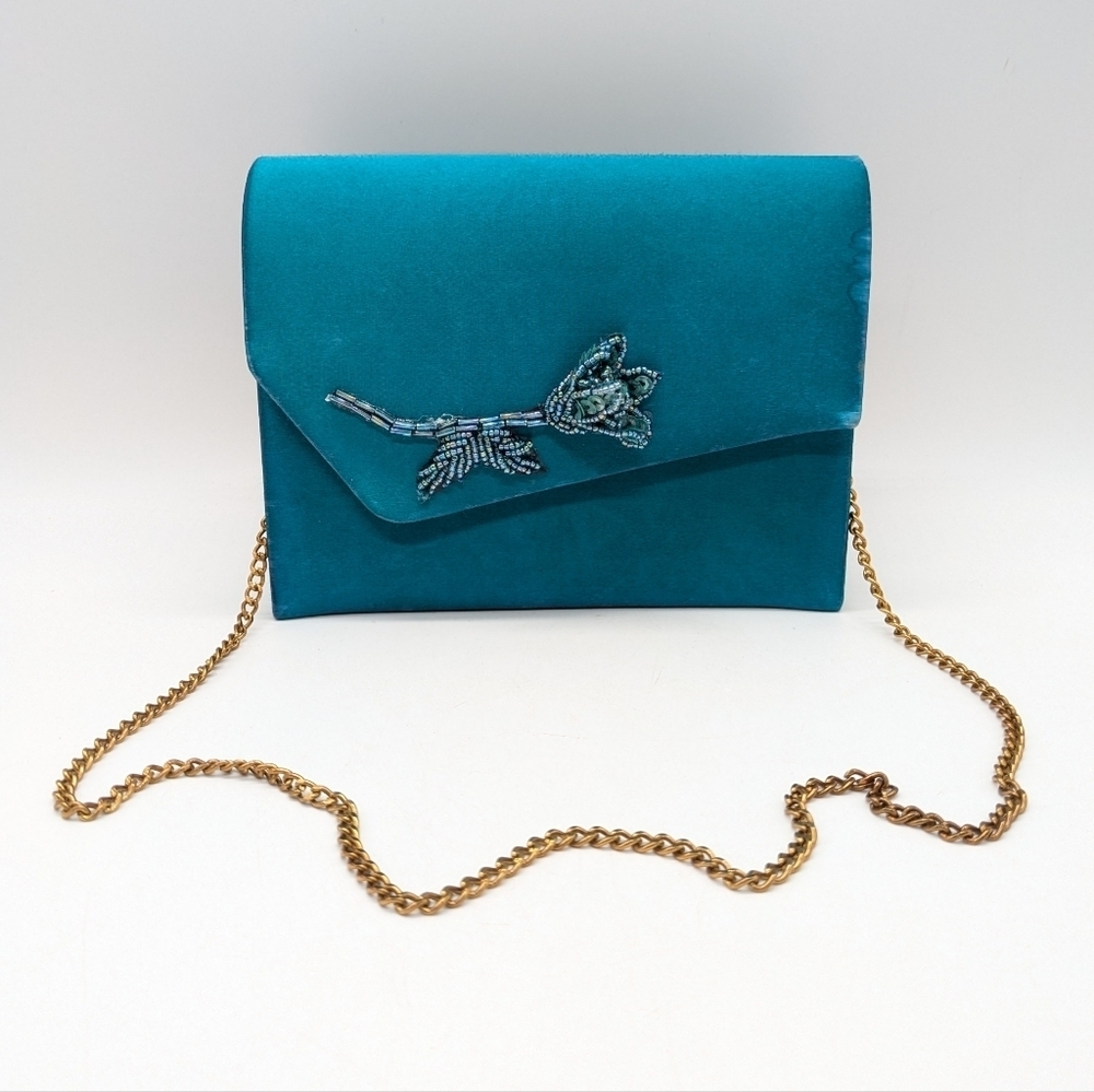 ✨3/$15 Dyeables Blue Gold Beaded Flower Small Evening Event Bag